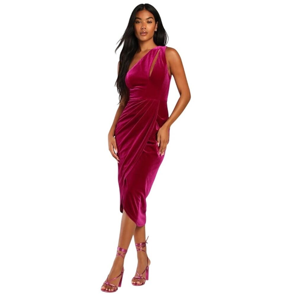 Lulus Impressive Essence Magenta Velvet One-Shoulder Cutout Midi Dress Small
